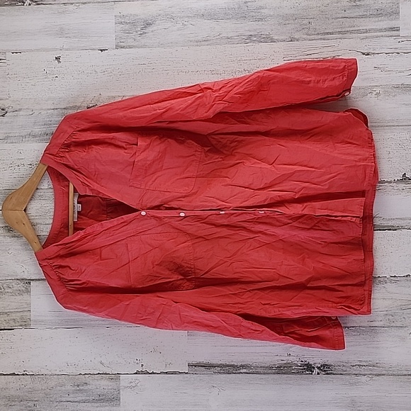 LOFT coral v neck button up tunic top tab sleeves 2 patch pockets Size Large - Picture 1 of 6